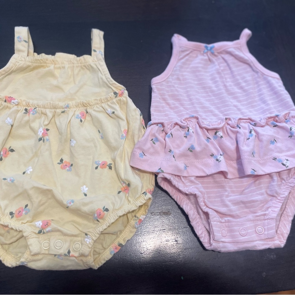 Carter's Yellow Floral and Pink Striped romper onsies